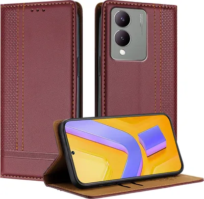 Produktbild von Handyhülle für Vivo Y17S Leder Flip Klappbare Schutzhülle mit Standfunktion Dunkelrot