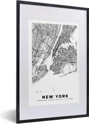 Produktbild von MuchoWow® Gerahmtes Poster New York - Stadtplan - Schwarz und weiß - Karte 40x60 cm - Poster mit Schwarzem Bilderrahmen Wandposter Rahmen Foto Bilder - Poster in Rahmen