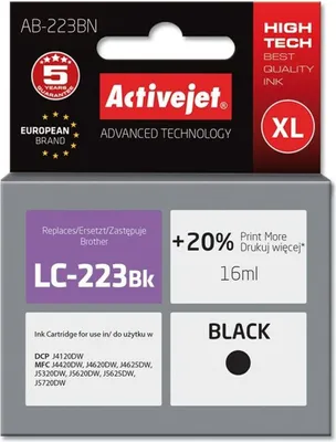 Produktbild von Activejet AB-223BN Tintenpatrone für Brother Drucker; Brother LC223Bk-Ersatz; Höchste; 16ml; schwarz