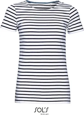 Image de SOLs 01399 | T-shirt femme rayé mode - Couleur : Blanc/Navy - Taille : S