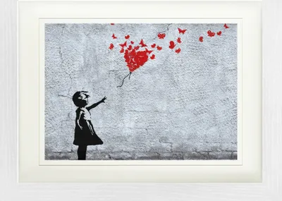 Produktbild von Mädchen Gerahmtes Bild Mit Edlem Passepartout | Wand-Bilder | Im Bilderrahmen - Mädchen Mit Luftballon Und Schmetterlingen, Banksy-Style (30 x 40 cm)