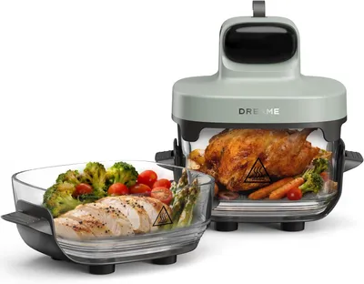 Dreame Tasti AirFryer 5-in-1 Heißluftfritteuse,6mm starkes,tragbares Borosilikatglas,3D-Heißluftzirkulation,spülmaschinenfest,360°Sicht,2.5l+4.5l,Grün