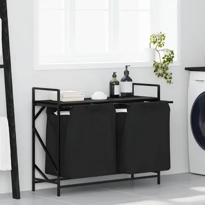 Produktbild von Möbel Wäschekorb 2 Fächer mit Ablage Schwarz Eichen-Optik - Wäschekörbe CC4914