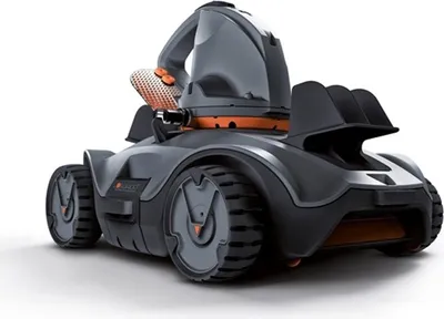 A robotic pool cleaner shown from a rear-side angle against a white background.