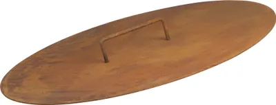 A rusty oval-shaped lid with a handle, likely for a fire pit.