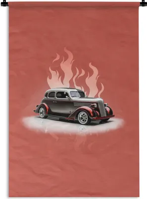 Produktbild von MuchoWow® Wandteppich Wandbehang Auto - Rosa - Vintage - Flammen 120x180 cm Tapisserie Dekoration Wandtuch - Schlafzimmer - Dekorationen für das Haus