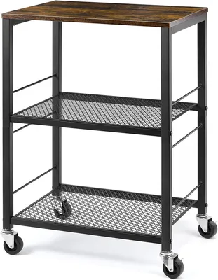 Image de Chariot de service à trois étages de style rustique, étagère de rangement robuste, étagère de cuisine, chariot multifonctionnel avec plateau en bois et roulettes, chariot de service pour la cuisine, le salon ou le bureau