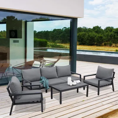 Immagine prodotto di Salotto 5 posti da esterno giardino con struttura in alluminio effetto doghe con cuscini Alcazar - Black