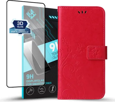 Produktbild von Handyhülle für Huawei P30 Pro mit 9H Displayglas Floral Blumen Schmetterling Flip Cover Hülle Case Klapphülle Handytasche Farbe: Rot