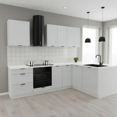 Produktbild von Küchenzeile - Küche L Form - 260x170 cm - Weiß Matt - mit weißer Arbeitsplatte - MDF - Küchenmöbel - Aluminiumgriffe - ADELE