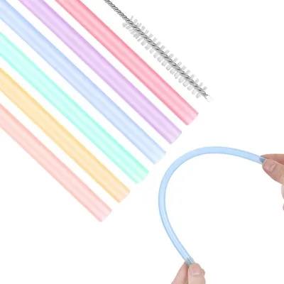 Produktbild von Silikon Strohhalme Wiederverwendbar Set mit Reinigungsbürste 6 Stück Bunt