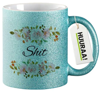Produktbild von Huuraa Glitzertasse Shit englisch Blumen 330ml Blau Keramik Kaffeebecher Geschenkidee