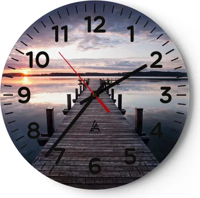 Produktbild von Wanduhr - Rund - Glasuhr - Fußgängerbrücke See Sonnenuntergang Abend - 30x30cm - Schleichendes Uhrwerk - Lautlos - zum Aufhängen bereit - Dekoration Modern - Wanddekoration aus Glas - C4AR30x30-2635