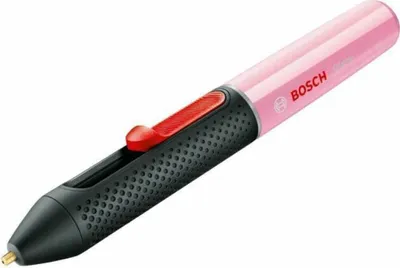 A pink and black Bosch hot glue gun pen with a red trigger, isolated on a white background.