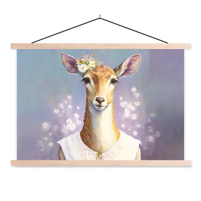 Produktbild von MuchoWow® Textilposter Hirsche - Blumen - Gemälde - Porträt - Tiere 120x80 cm mit holzfarbenen Rahmen - Aufhängeset