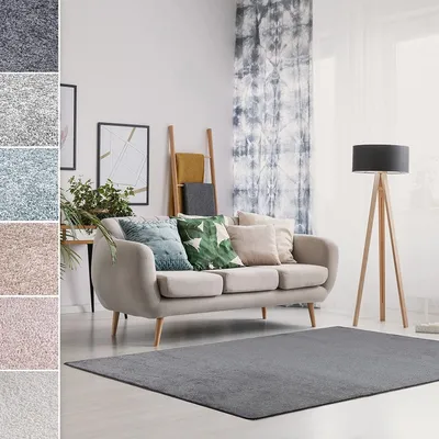 A living room scene with a sofa, curtains, and a lamp, showcasing different color options of a rug.