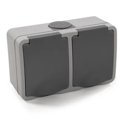 A product shot of a gray double outdoor electrical socket with flip covers, set against a white background.