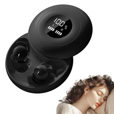 A pair of black wireless earbuds in their charging case, with a digital display showing battery percentage, and a woman sleeping peacefully with an earbud in her ear.