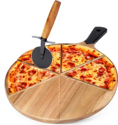 Image de Planche à découper en bois pour pizza avec couteau en acier et rainure de coupe