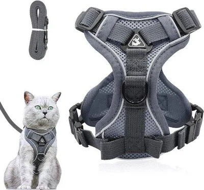 Image de Harnais réglable pour chat Harnais anti-fuite avec laisse Harnais souple pour chats chatons chiens chiots (gris M)
