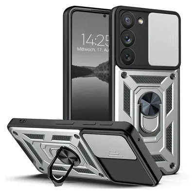 A phone case with a camera cover and a ring holder, shown from multiple angles.