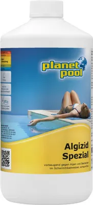 A person relaxing by a swimming pool with a bottle of pool cleaner in the foreground.