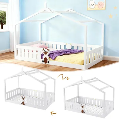 Immagine prodotto di Letto a casetta per bambini - Letto a terra Montessori 90x200 cm - Con tettuccio - Protezione anticaduta - Rete a doghe - Legno - Bianco