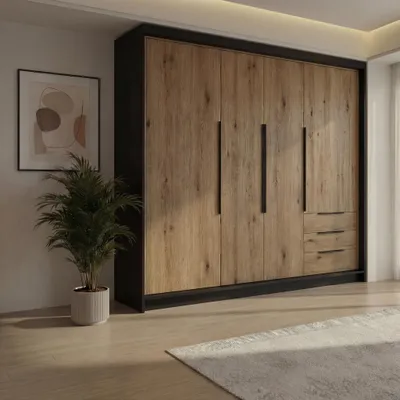 Produktbild von Geräumiger vier-türiger Kleiderschrank KLARI mit Schubladen und Metallgriffen – modernes Design