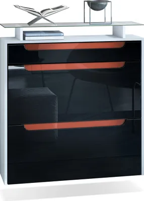 Produktbild von Vladon Schuhschrank Annie, Schuhkipper für 16 Paar Schuhe mit 2 Klappen, 1 Schublade und Glasablage, Weiß matt/Schwarz Hochglanz, Griffmulden in Bordeaux Hochglanz (89 x 96 x 23 cm)