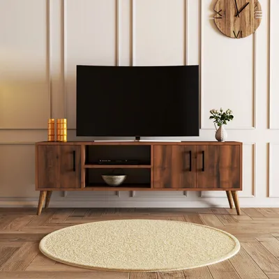Obrázek produktu pro Skye Decor, TV stolek, ořech, 150 x 52 x 34 cm | 100% melaminem potažená dřevotřísková deska, tloušťka 18 mm | S dřevěnými nohami, četnými policemi, možnost montáže na zeď, skandinávský design.