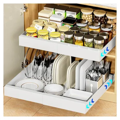 Produktbild von Teleskopschublade für die Küche, ausziehbarer Schrankorganizer, Metall-Schublade ohne Bohren (weiß, 32-52CM)