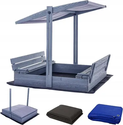 Produktbild von Sandkasten mit Dach Imprägniert120x120 mit Sonnenschutz mit UV-100+ Schutz Sandbox mit Abdeckung mit Sitzbänken mit Deckel mit Plane Sandkiste Sandkastenvlies Holz (120x120 Grau)