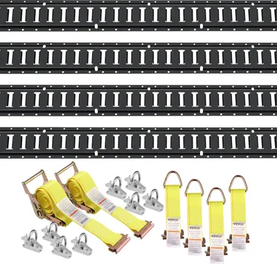 Obrázek produktu pro Sada upevňovacích lišt E-track, 18 dílů, 1524 mm Sada E-track, včetně 4 ocelových lišt a 8 kotev s O-kroužkem a 4 upevňovacích popruhů s D-kroužkem a 2 ráčnových popruhů, příslušenství pro zajištění nákladních motocyklů, 907 kg