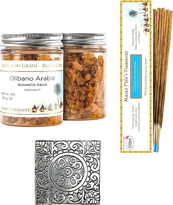 Produktbild von Fiore DOriente - Olibanum Arabia Set - Natürliche Weihrauch Harz 50 g - 10 Räucherstäbchen ICEA - Aluminium Räucherhalter