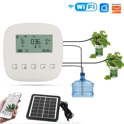 Produktbild von Dual-Pump Bewässerungssystem Automatische mit App&Timer mit USB/Solar, Wetteranzeige & Luftfeuchtigkeit, Programmierbarem, Gartenbewässerung Zubehör