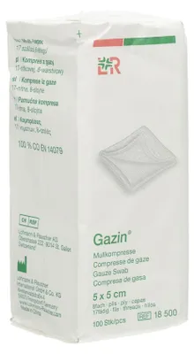 Produktbild von GAZIN Mullkomp.5x5 cm unsteril 8fach Op 100St PZN 03959358