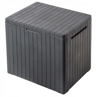 A dark gray storage box with a slatted lid and sides, shown from a three-quarter angle against a white background.
