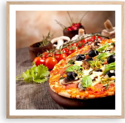 Produktbild von Gerahmtes Poster - Rahmen in heller Eiche - Pizza Essen Italien Tradition - 60x60 cm - Wand Bild - Wanddeko - Wandbilder - Wandposter - Bilderrahmen - Bilder - Kunstdruck - Wandbild - P2NAC60x60-2791