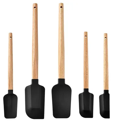 Imagen del producto de Juego de espátulas de silicona, de 5 piezas, resistentes al calor hasta 230°C, con mango de madera, para la cocina