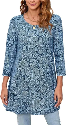 Productafbeelding van Damestuniek met 3/4 mouwen, ronde hals en losvallende pasvorm, stretchblouse in maten S tot 5XL