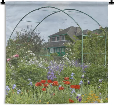 Produktbild von MuchoWow® Wandteppich Wandbehang Monets Haus mit bunten Blumen im Garten in Giverny, Frankreich 90x90 cm Tapisserie Dekoration Wandtuch - Wandaufhänger
