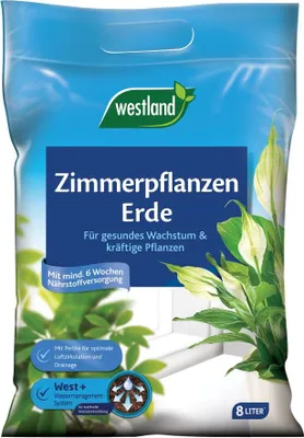 Produktbild von Westland Zimmerpflanzenerde 8 Liter mit Ton, Düngemittel und Perlite, für mind. 6 Wochen Nährstoffversorgung, mit West+ Wassermanagement-System und praktischem Griff.