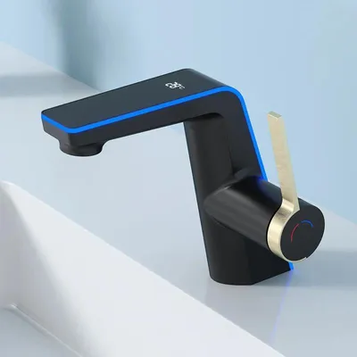 Immagine prodotto di Miscelatore per lavabo da bagno - Rubinetto LED con indicatore di temperatura - 2 tipi di getto - Miscelatore acqua calda/fredda - Monocomando, montaggio a incasso - Nero
