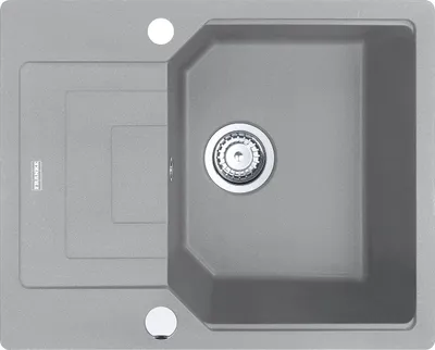 A top-down view of a gray kitchen sink with a drain and a small basin.