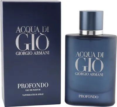 Giorgio Armani Acqua di Giò Profondo Eau de Parfum für Herren, mattblauer Glasflakon neben dunkelblauer Box mit silberner Aufschrift.