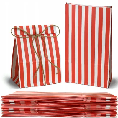 Produktbild von Rote & Weiße Papiertüten 16×8×27 cm – Umweltfreundliche Geschenk- & Popcorn-Tüten, 25 Stück