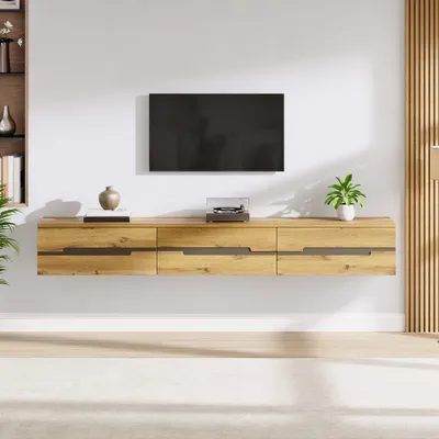 Immagine prodotto di Mobile TV sospeso a parete, con 3 cassetti e maniglie nascoste, design effetto legno, adatto per televisori fino a 65 pollici, finitura naturale