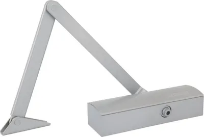 A silver door closer mechanism with an articulated arm, shown against a white background.