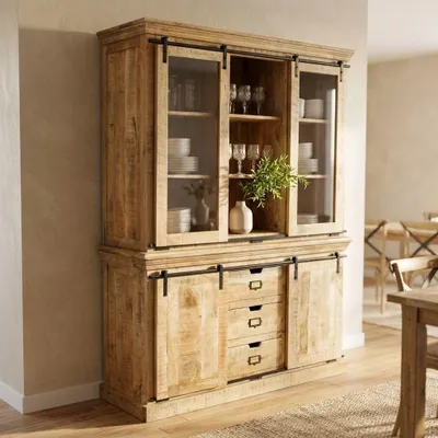 Immagine prodotto di Milani Home - mobile in legno di mango con 2 ante, 3 mensole e 3 cassetti cm 150 l x 50 p x 200 h
