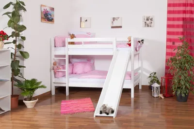 Produktbild von Kinderbett Etagenbett Moritz Buche Vollholz massiv weiß lackiert mit Rutsche inkl. Rollrost - 90 x 200 cm, teilbar
